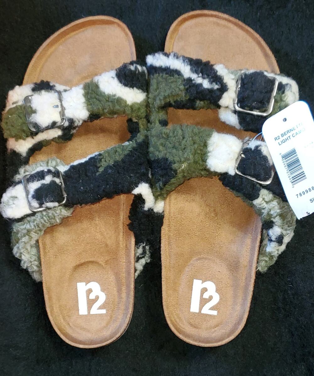 R2 Bernette Multi Color Fuzzy Slip On Sherpa Strap Faux Suede Camo Sandals 10